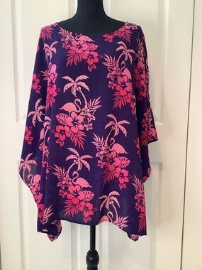 Quacker Factory Pink Floral & Flamingo Beach coverup